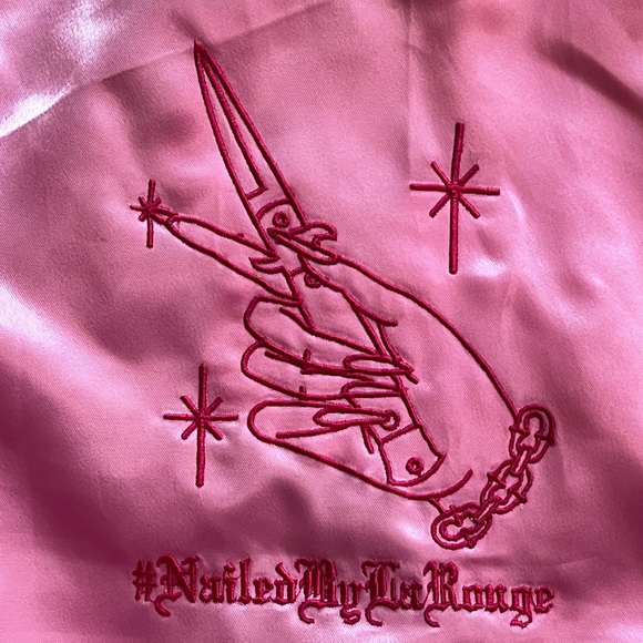 Love LaRouge Official Pink Satin “Death Before Dull Nails” Bomber Jacket Sz M - Picture 2 of 9